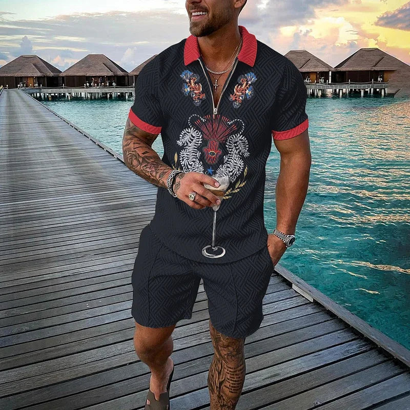 Men's Clothing Tracksuit Sets 3D Print Color Squares Pattern Casual Zipper Polo Shirt And Shorts 2pcs Sets Trend Streetwear Man