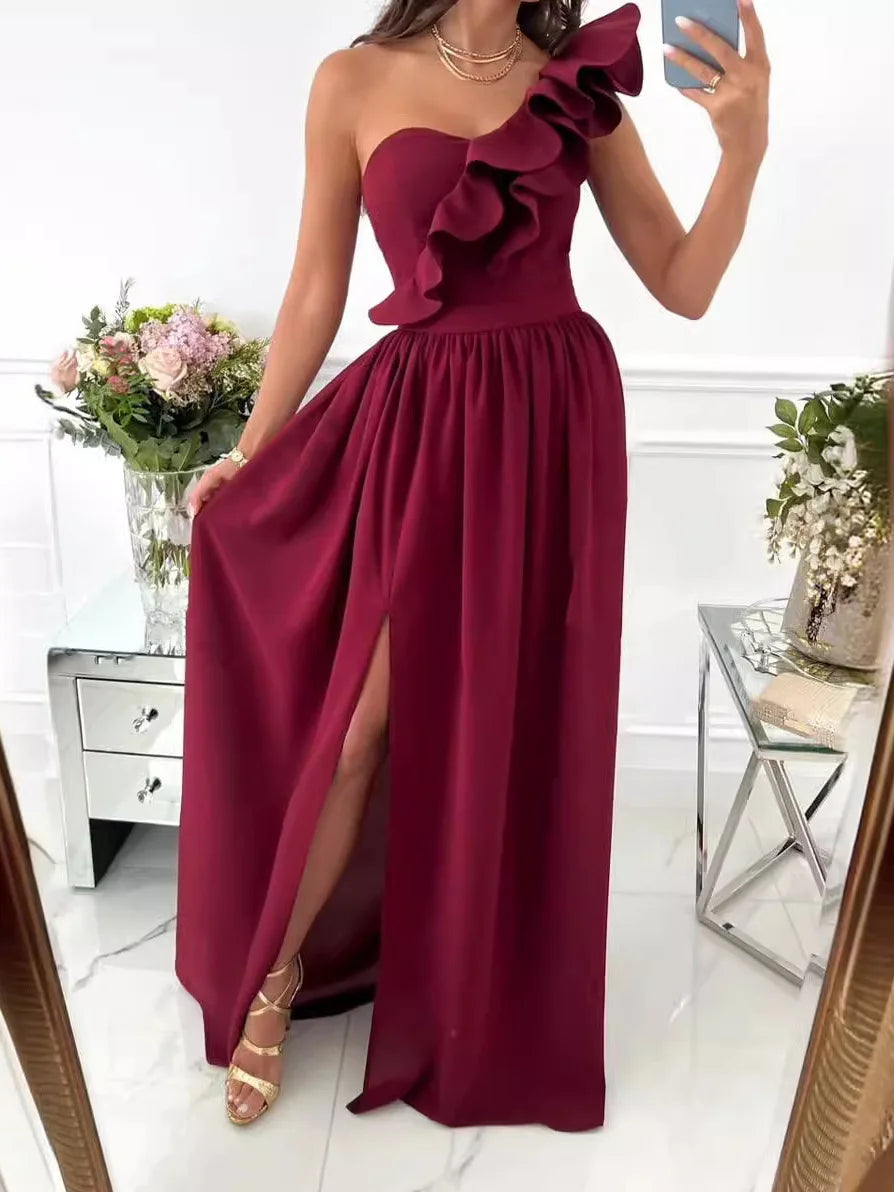 Elegant Long Single Shoulder Dress Women's Fashionable Slimming Evening Gown Versatile Daily Commute Dress Modern Style Summe...