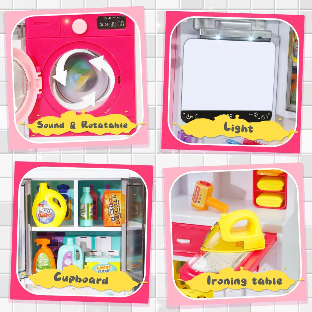 Pink Bathroom Role Play Set with Shower Vanity Laundry Cabinet Ironing Board - Ideal Christmas Thanksgiving New Year Gift