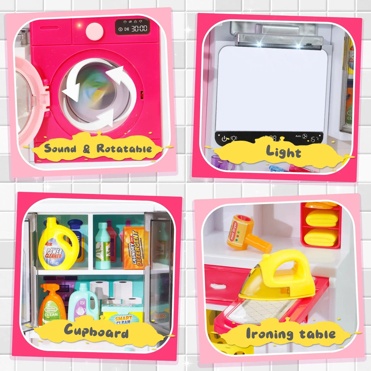 Pink Bathroom Role Play Set with Shower Vanity Laundry Cabinet Ironing Board - Ideal Christmas Thanksgiving New Year Gift