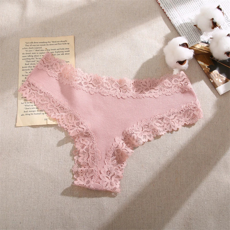 Women Cotton Panties Sexy Floral Lace Breathable Underwear Girls Ribbed Low-Waist Briefs Comfortable Bikini Solid Color Lingerie