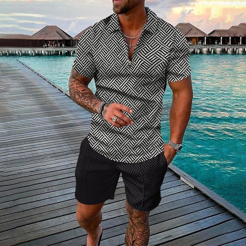 Men's Clothing Tracksuit Sets 3D Print Color Squares Pattern Casual Zipper Polo Shirt And Shorts 2pcs Sets Trend Streetwear Man