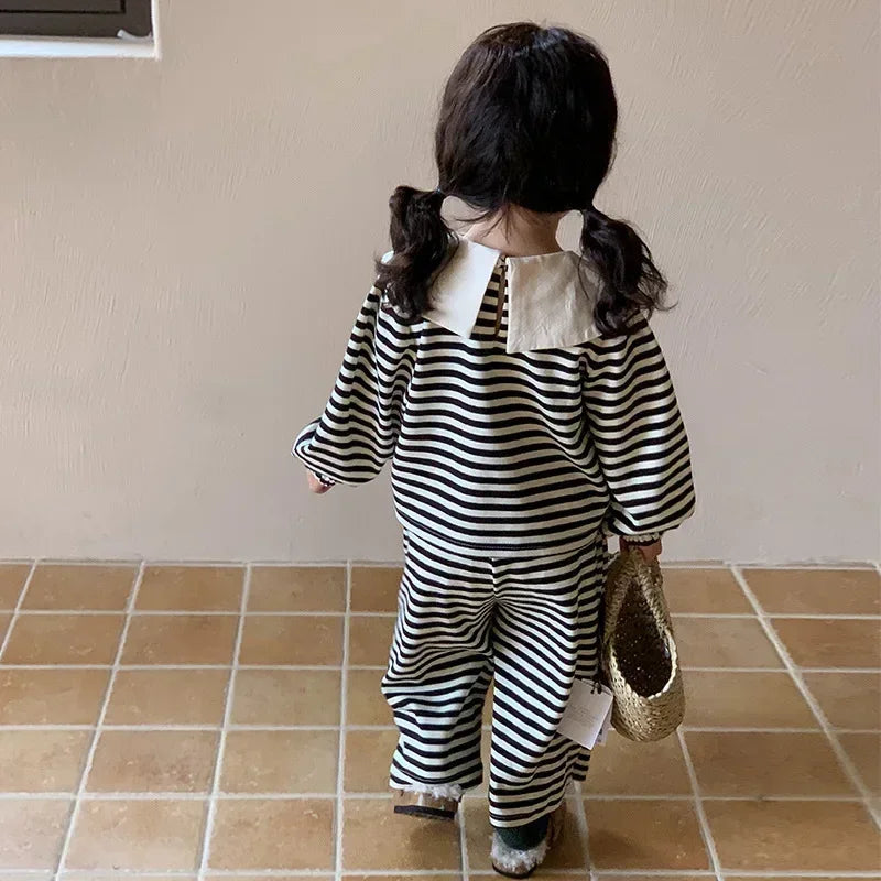 Children's Clothing Sets Big Lapel Striped Top and Wide-leg Pants 2pcs Sets Baby Girl Outfit Set Toddler Girl Clothes