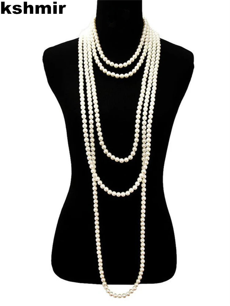 1.5m -8mm fashion glass imitation pearl necklace women's simple knot multi-layer long sweater chain clothing accessories 2021