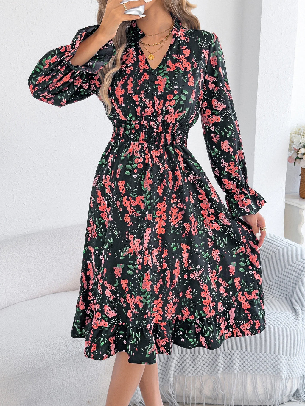 Elegant Floral Print Dresses for Women 2026 Autumn Winter Casual V Neck Flare Long Sleeve Ruffled A Line Dress