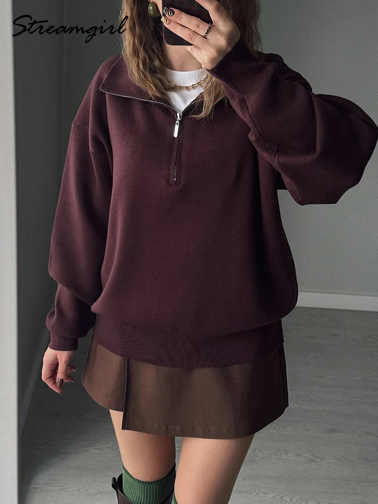 Winter Zipper Sweater Women Warm Oversize Turtleneck Pullovers Autumn Knitted Brown Sweaters Zip Up Women's Red Sweaters Thick