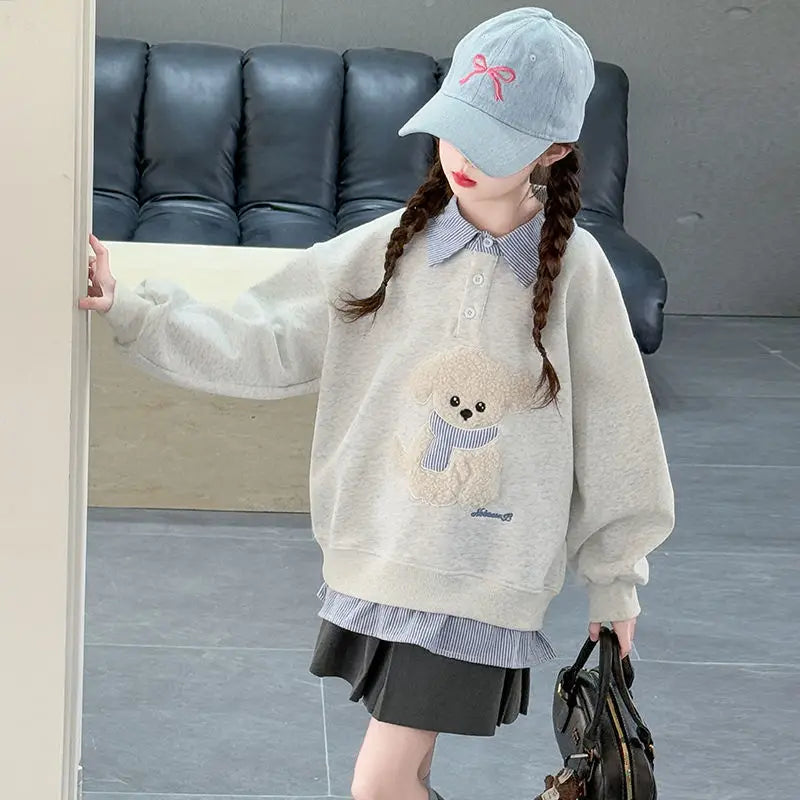 Sweatshirt Girls' 2025 New Faux Two-Piece Polo Hoodie Spring/Autumn Kids Medium-Large Loose Fit Cartoon Puppy Top
