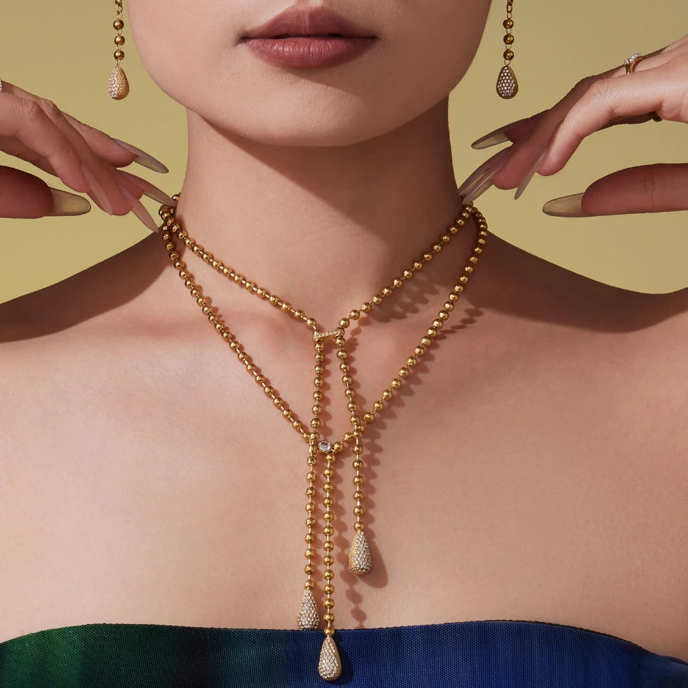 Stainless Steel Y Necklace for Women 18k Gold Plated Beaded Chain Inlaid Zircon Droplet Pendant Necklaces Matching Earrings