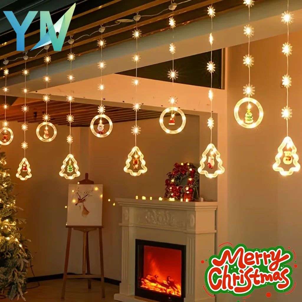 Xmas Curtain LED String Lights Santa Claus Hanging Charm for Window Display Home Party Indoor Outdoor Celebration Decoration