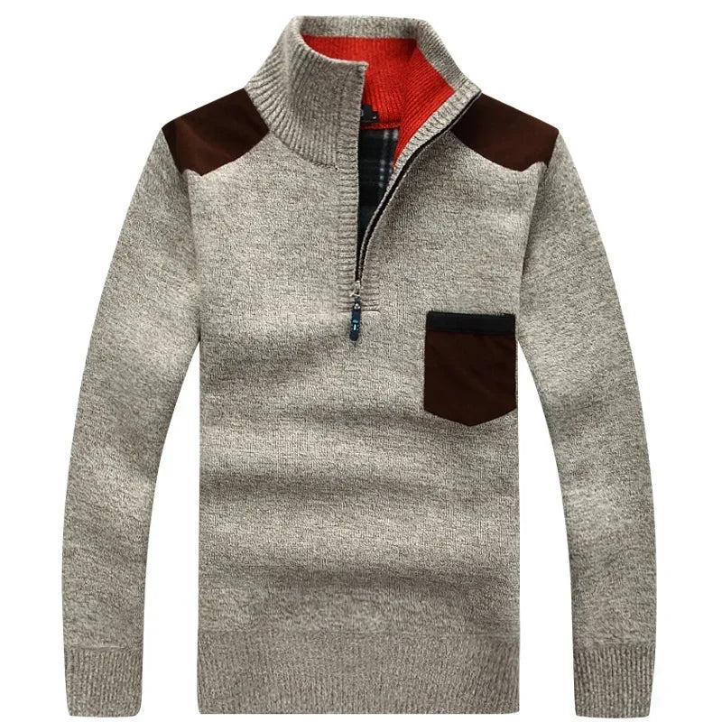 Men's Winter Sweaters Stand Collar Half Zipper Knitted Fleece Pullovers Long Sleeve Pocket Casual Jumper Thick Clothing for Men