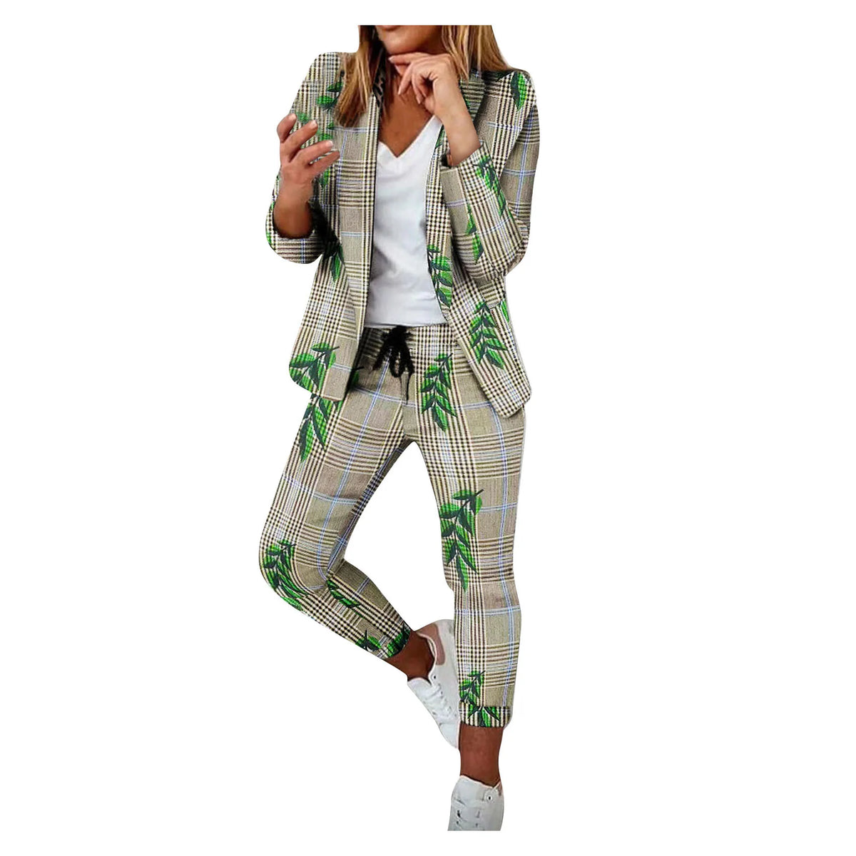 Two Piece Set Women Outfit Office Ladies 2023 Autumn Plaid Print Long Sleeve Elegant Blazer Coats & Drawstring Work Pants Set