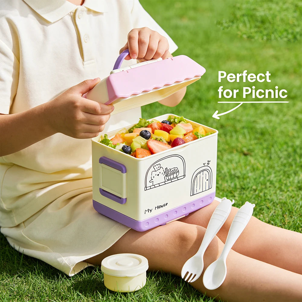 Bento Box for Kids - Insulated Bento Lunch Box with Leak Proof Vacuum Insulated Food Jar - 4 Compartments Outdoor Tableware