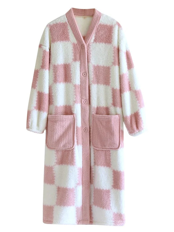 Thickened Flannel Sleep Robe Women's V-neck Long Sleeve Bathrobe Coral Fleece Plaid Midi Nightgown Winter Home Leisure Wear