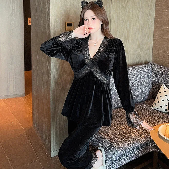 High End Winter Sleepwear Pajamas Woman Offer Lace Sweet Women's Home Clothes Warm Gold Velvet Winter Nightwear Pijamas Mujer