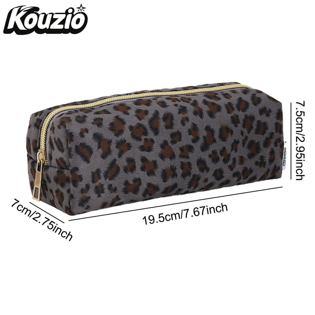 Vintage Leopard Print Suede Pencil Case, Aesthetic School Stationery Bag for Students - KOUZIO