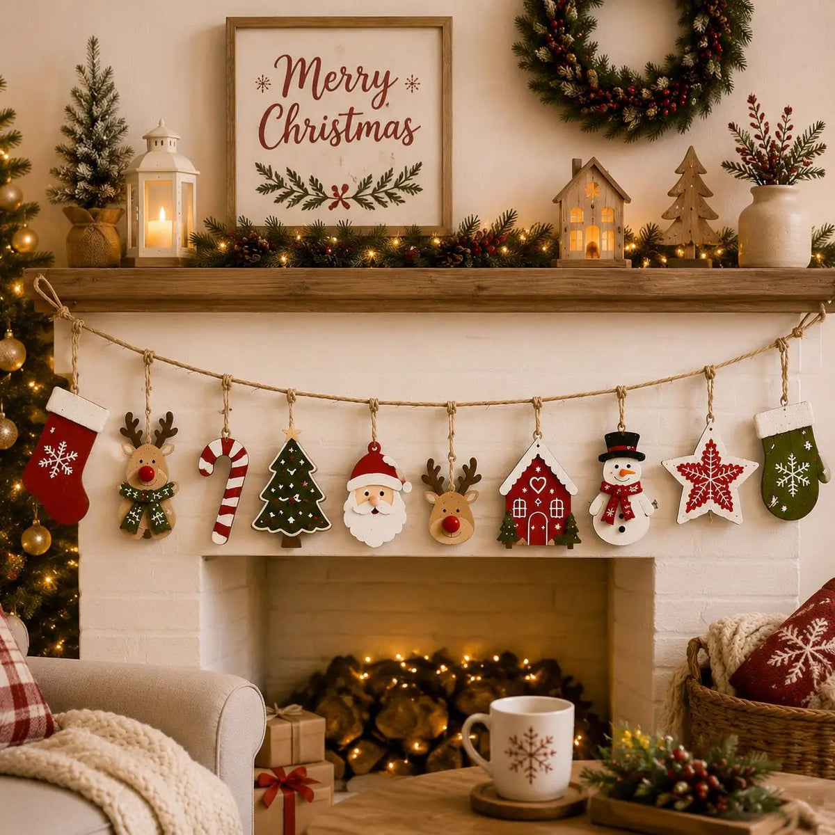 10 pieces Christmas wood decoration, Santa Claus, reindeer, Christmas tree, stars, etc., winter/Christmas house party decoration