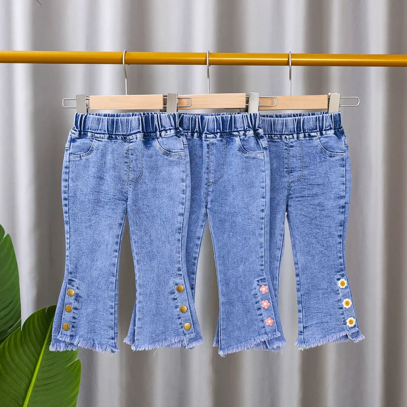 Jeans for Kids Girls Trousers Spring Autumn 2023 New Bow Bell-bottomed Stretch Princess Pants for Children Girl Denim Pants