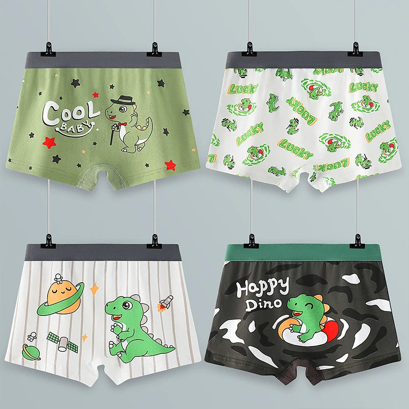 4-Piece Boys Boxer Shorts Cotton Comfortable Wear Breathable Children Underwear Cool Dinosaur Print Pattern Kids Boxer Briefs