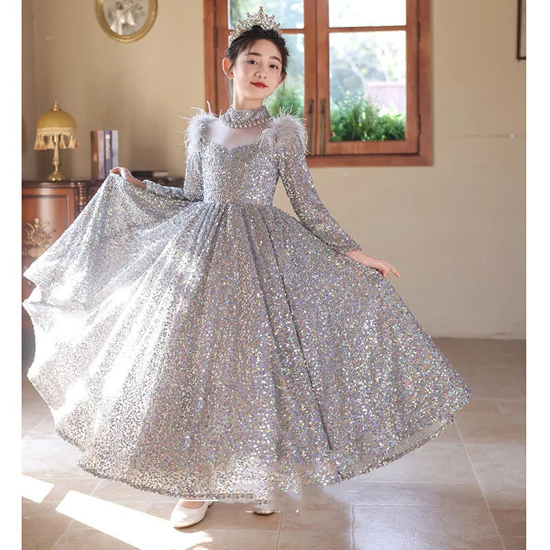 2026 New Girls Sequin Princess Dress Kids Evening Gown Flower Girl Host Performance Outfit Pageant Formal Children Party Costume