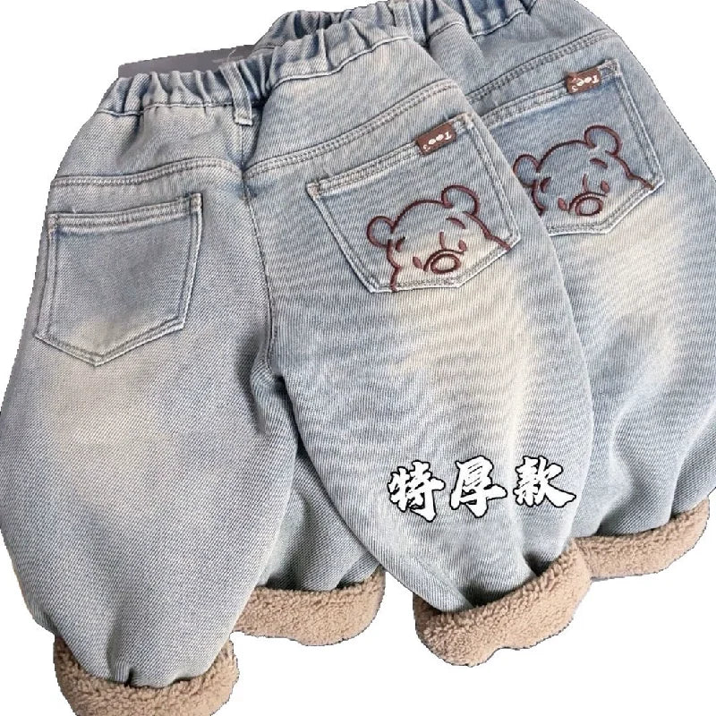 Kids Velvet Jeans Winter New Boys Girls  Thick Fleece Lined Pants Children Warm Demin Pants Casual Loose Trousers 1-8 Years Old