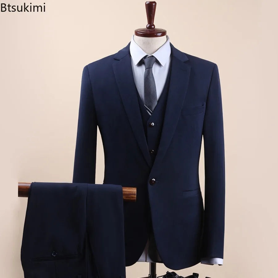 Men 2 3 Piece Suit Set 1 Button 2 Buttons Single Breasted Flat Collar Slim Fit Groom Wedding Business Suit Jacket Vest Trousers