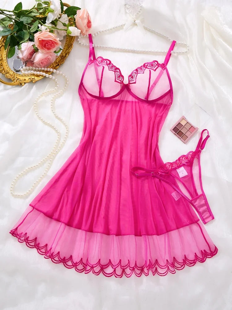 Woman Night Dress Rose Red Tulle Sexy Nightwear Summer Sleeveless Pajamas Heart Embroidered Sleepwear V-Neck Slip Nightgown