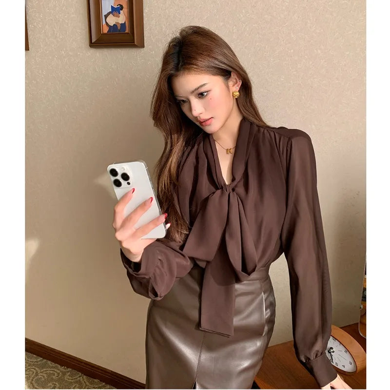 Office Lady Women's Blouses Solid Vintage Shirts Fashion Loose Spring/Autumn Clothing V-neck Bow Long Sleeved Chiffon Women Tops