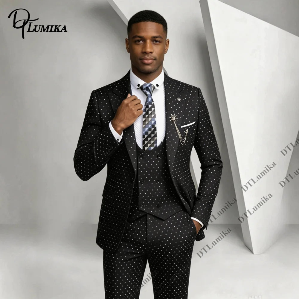 Men 3 Piece Dotted Suit Three-piece Polka Dot Jacket Vest Pants Made To Measure Wedding Business Prom Banquet Formal Tuxedo