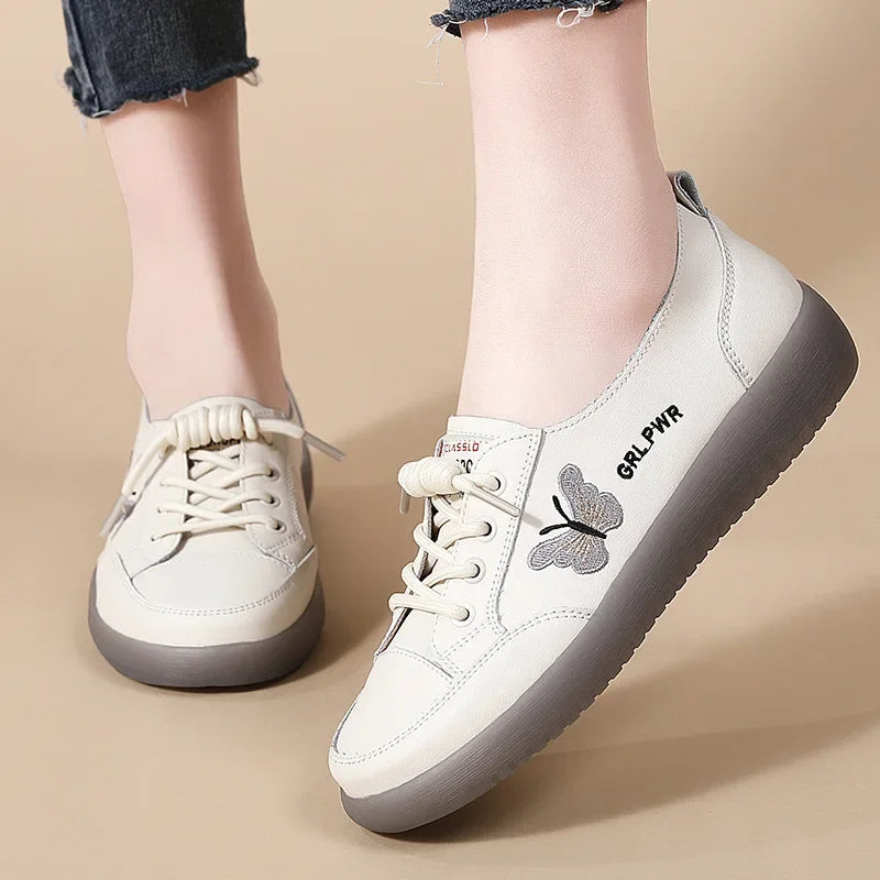ENJOYOU Genuine Leather White Sneakers For Women - New Spring Collection, Featuring A Durable Rubber Outsole, Soft Sole, Lightwe