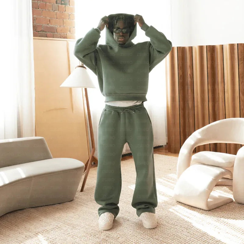 Men's New Sportswear Set Trendy 2-Piece Hoodie & Pants Outdoor Basketball Casual Simple Couple Fashion Solid Color Loose