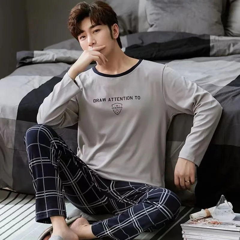 Pajamas Men Long Sleeves and Trousers Spring and Autumn Style Simple and Breathable Nightwear Student Youth Loungewear Sleepwear