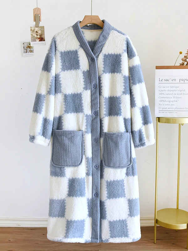 Thickened Flannel Sleep Robe Women's V-neck Long Sleeve Bathrobe Coral Fleece Plaid Midi Nightgown Winter Home Leisure Wear