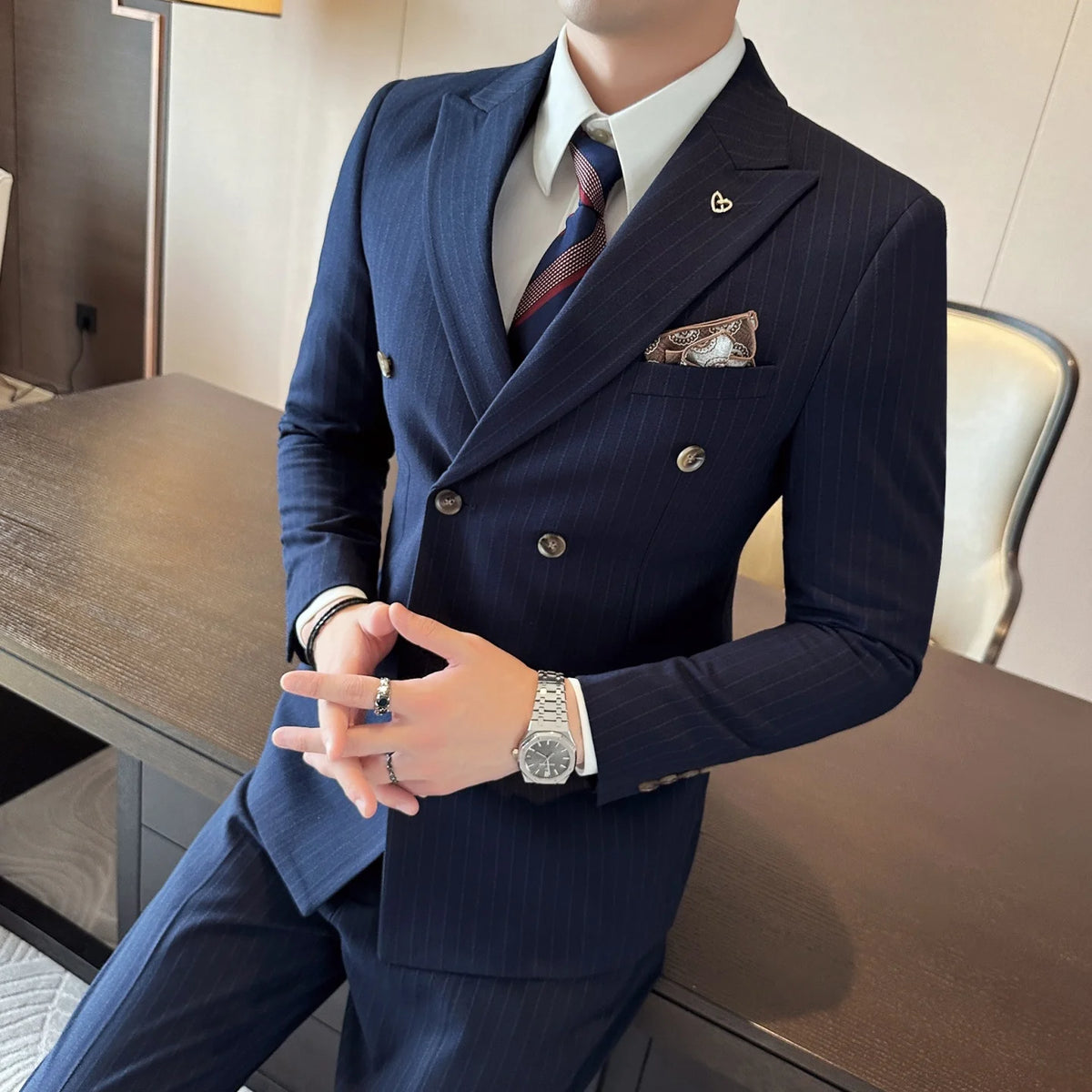 Men Wedding Suit 3 Piece Double-breasted Korean Slim Fit Formal Banquet Business Suit Luxury Groom Tuxedo Fit Evening Wear