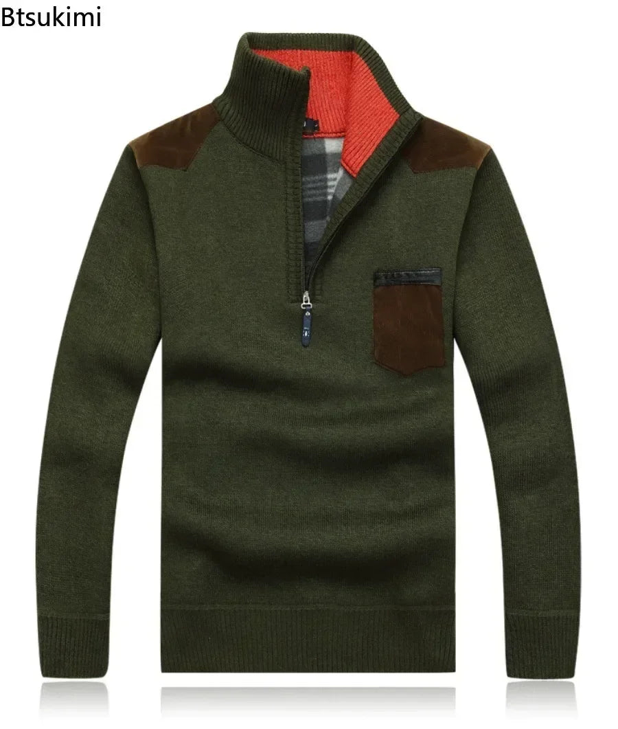 Men's Winter Sweaters Stand Collar Half Zipper Knitted Fleece Pullovers Long Sleeve Pocket Casual Jumper Thick Clothing for Men