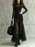 Women's Spring/Summer Outfit, Elegant Dress, Holiday Outfit, Casual Dress, Outing Dress, Mesh Dress, Long Sleeve Dress, Graduati