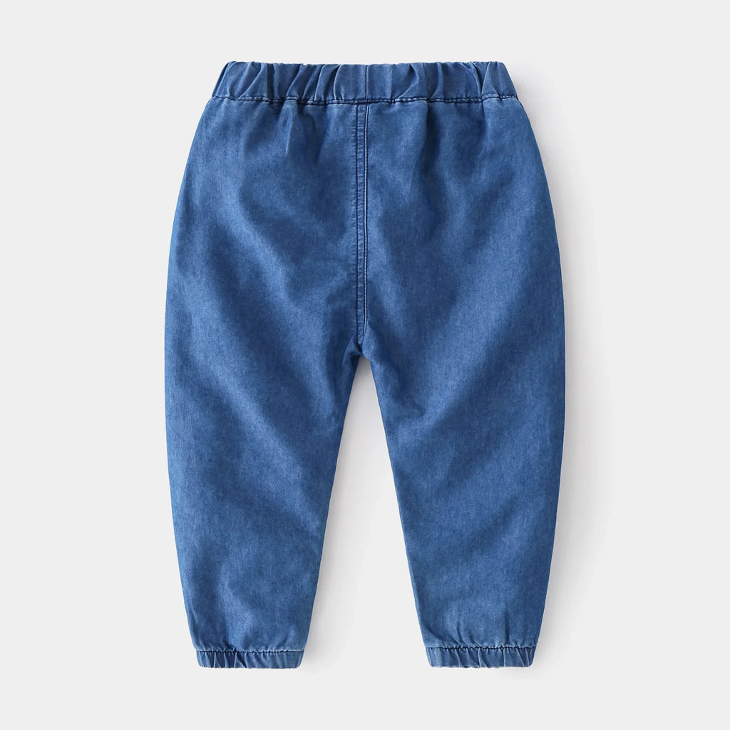 1-6Y Kids Boys Jeans Korean 2026 Spring Elastic Waist Denim Pants with Pockets Stylish Soft Autumn Casual Solid Color Trousers