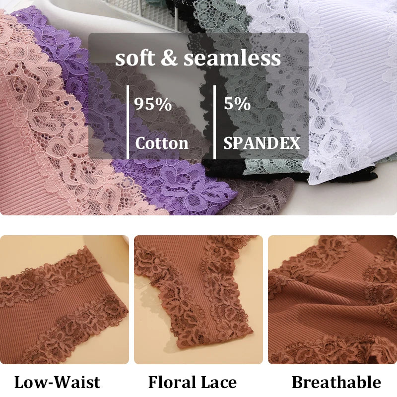 Women Cotton Panties Sexy Floral Lace Breathable Underwear Girls Ribbed Low-Waist Briefs Comfortable Bikini Solid Color Lingerie