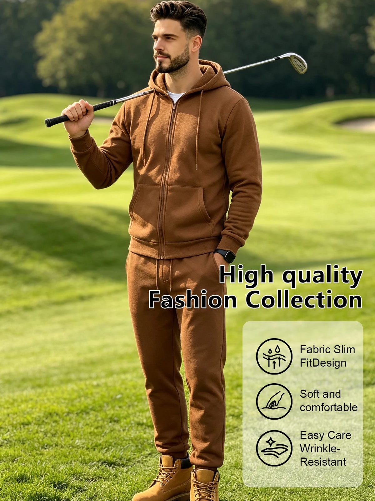 Men 2 Piece Tracksuit Set Full Zip Hooded Sweatshirt + Straight Drawstring Pants Casual Sports Outfit