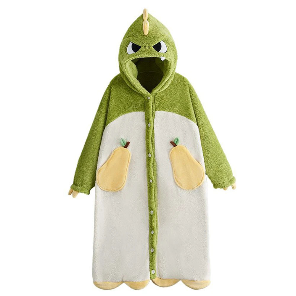 Winter Pajamas For Women Cartoon Hooded Long Robe Cute Nightgown Sleepwear Bat Animal Kawaii Flannel Warm Comfy Lounge Bathrobes