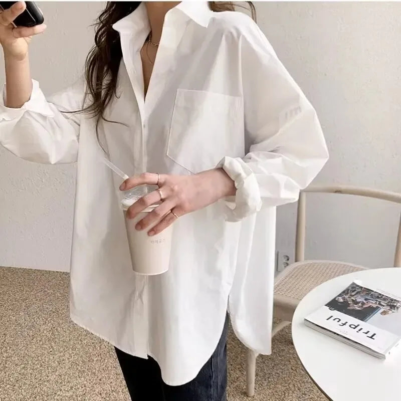 Office Lady Elegant White Casual Loose Blouses Fashion New Cotton Long Sleeve Women Shirt Turndown Collar Tops