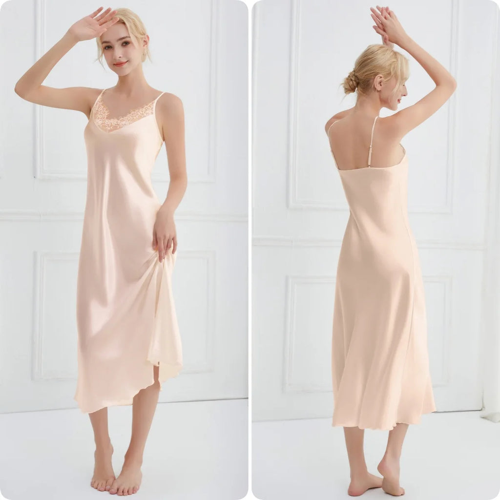 Sexy Women Long Nightgown Intimate Lingerie Patchwork Lace Suspender Nightdress Chemise Sleepwear Loungewear Silk Satin Homewear