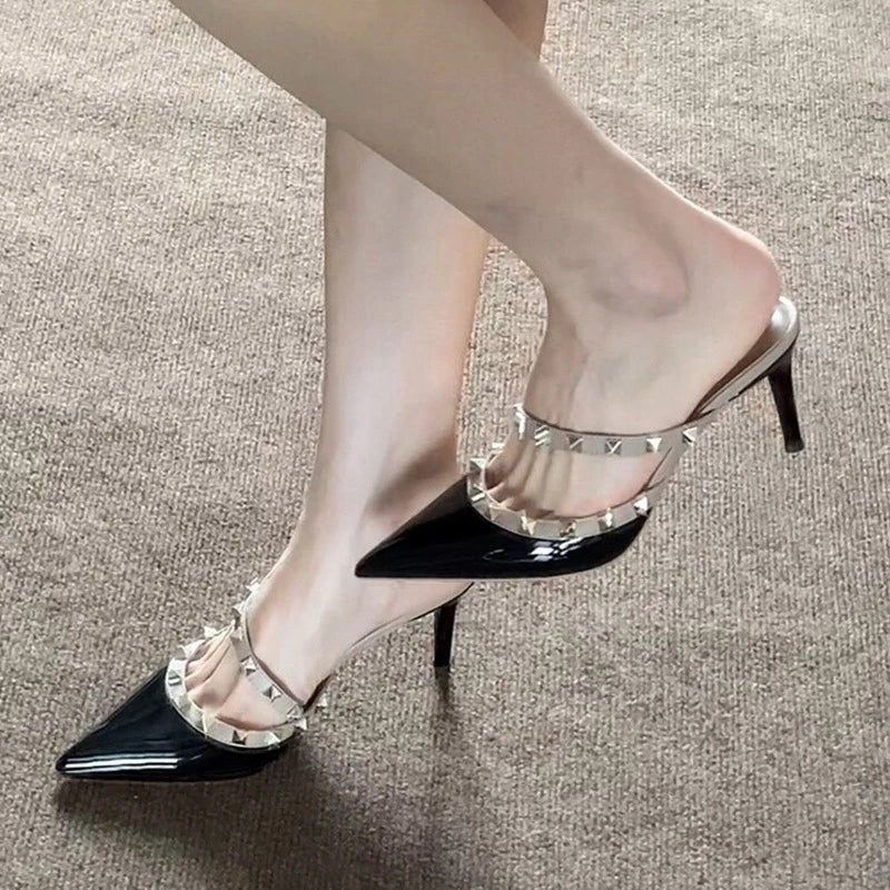 Nude High Heels for Women 2026 Autumn New Studded Pointed Toe Single Strap Slippers, Outdoor Half-Slippers for Women