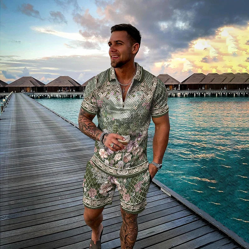 Men's Clothing Tracksuit Sets 3D Print Color Squares Pattern Casual Zipper Polo Shirt And Shorts 2pcs Sets Trend Streetwear Man