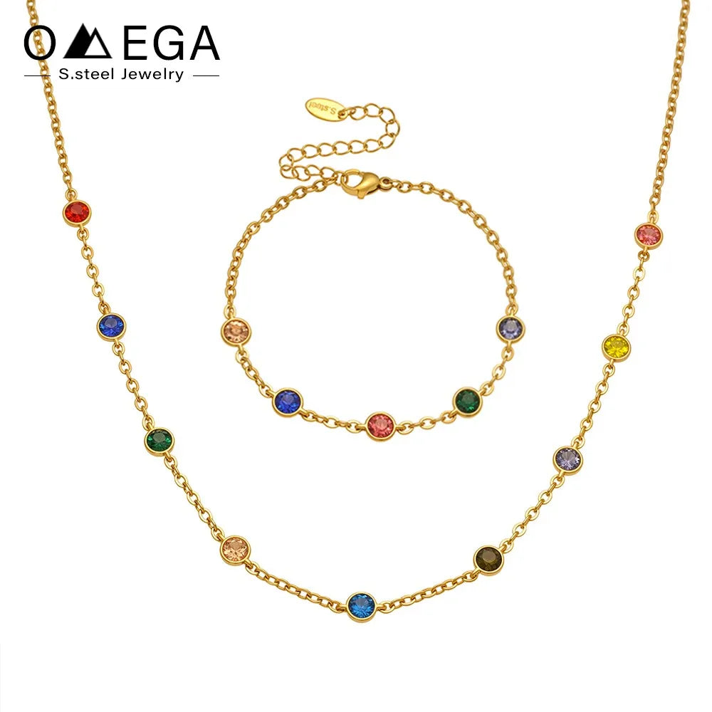 Stainless Steel Chain Necklace Bracelet For Women 18k Gold Plated Non Tarnish Multi Colorful Zircon Necklaces Matching Bracelets