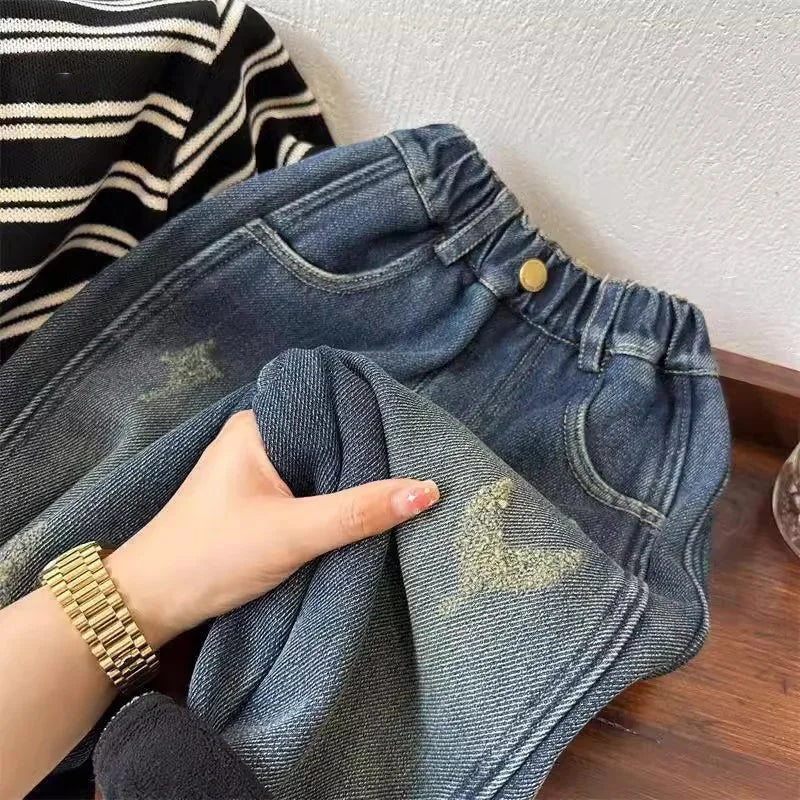 Boys Fleece-lined Jeans Fashion Children's Winter Denim Pants Kids Casual Autumn Trousers New Toddler Plush Velvet Pants 1-8Y