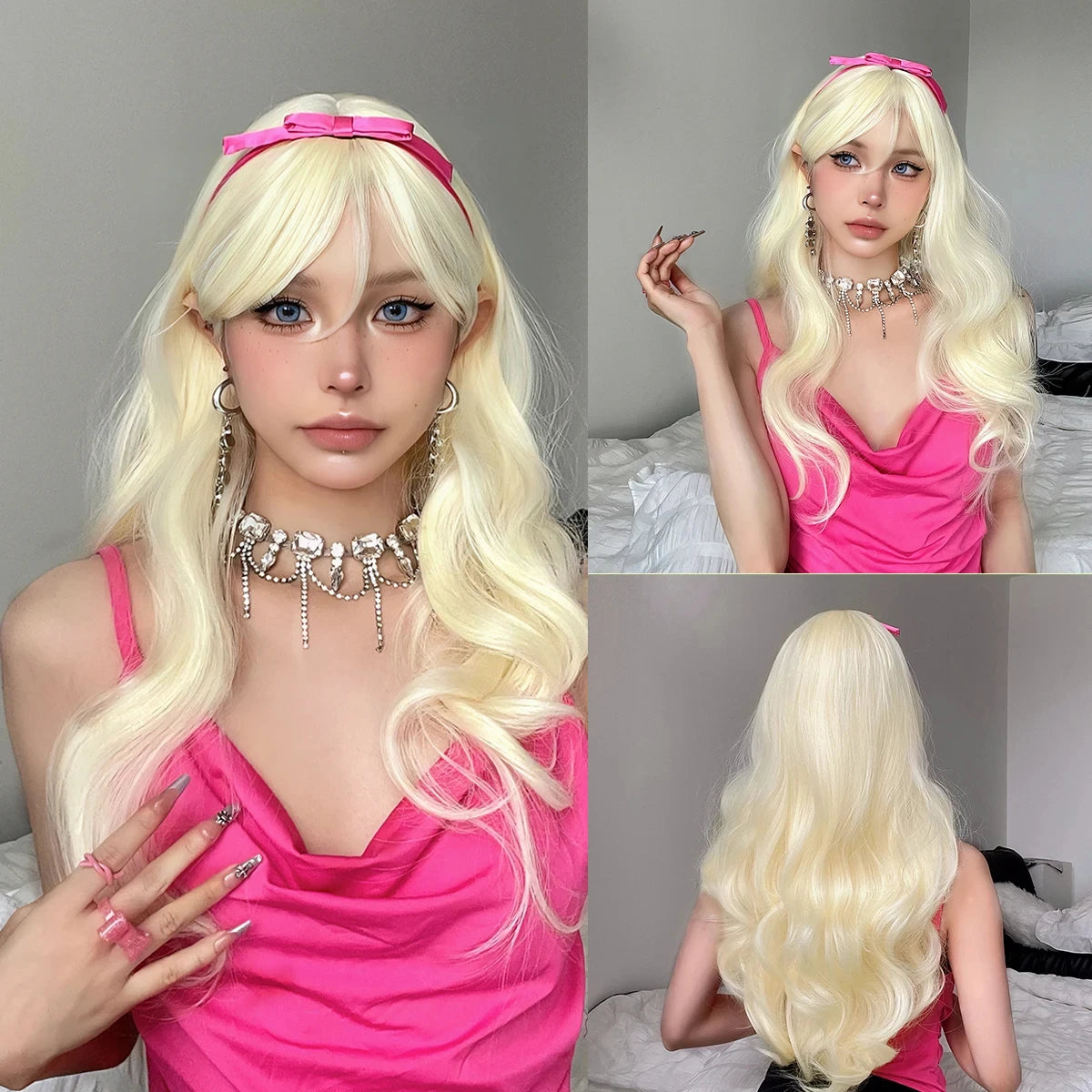 Light Pink Long Straight Hair Synthetic Wig for Halloween Cosplay Costume Party, Daily Wear, High-Temperature Silk Wig Cap