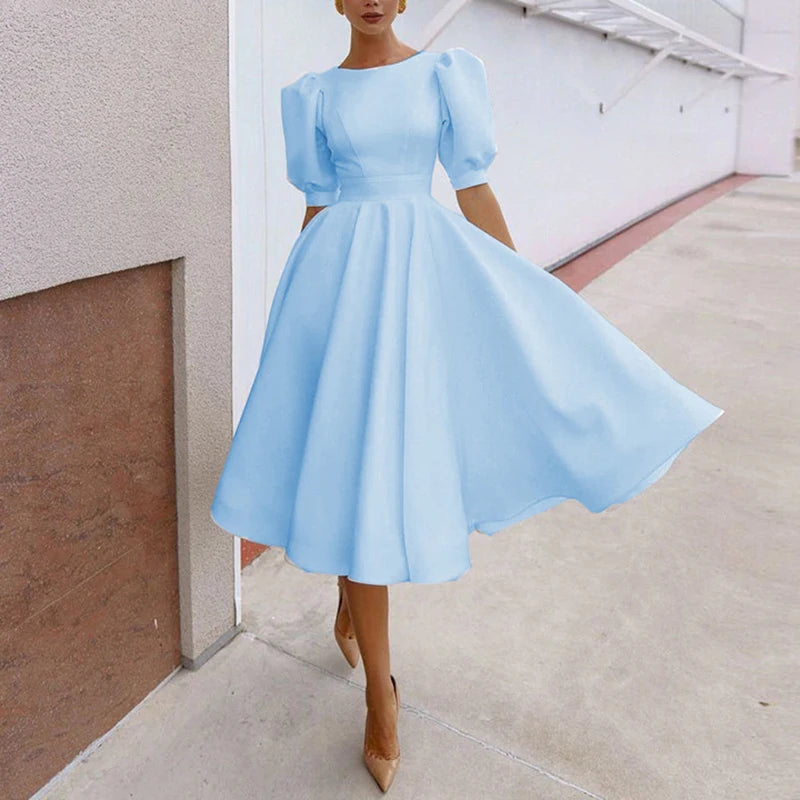 Casual Office Lady Dress Women Elegant Short Sleeve Solid A-Line Party Dresses For Women Fashion Summer Dress 2022