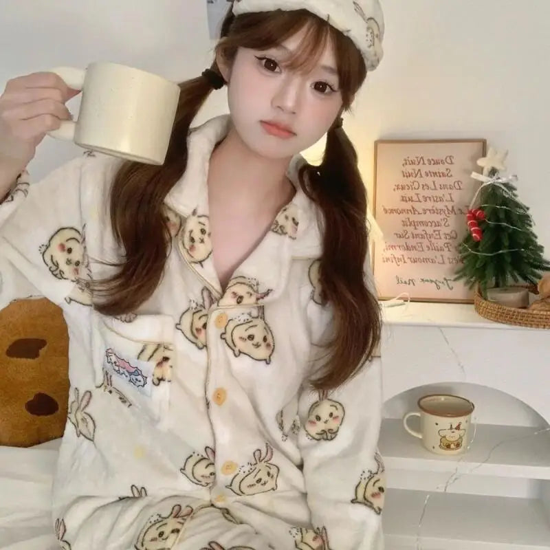 Anime Winter Girl Pajama Chiikawa Pajamas Usagi Hachiware Cartoon Pants Indoor Keep Warm Comfortable Thicken Leisure Homewear