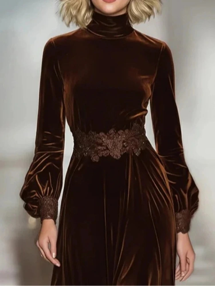 2026 Elegant Velvet Dress for Women Spring Autumn Vintage Solid Turtleneck Lace Hem Long Dress High Waist A-line Evening Dresses