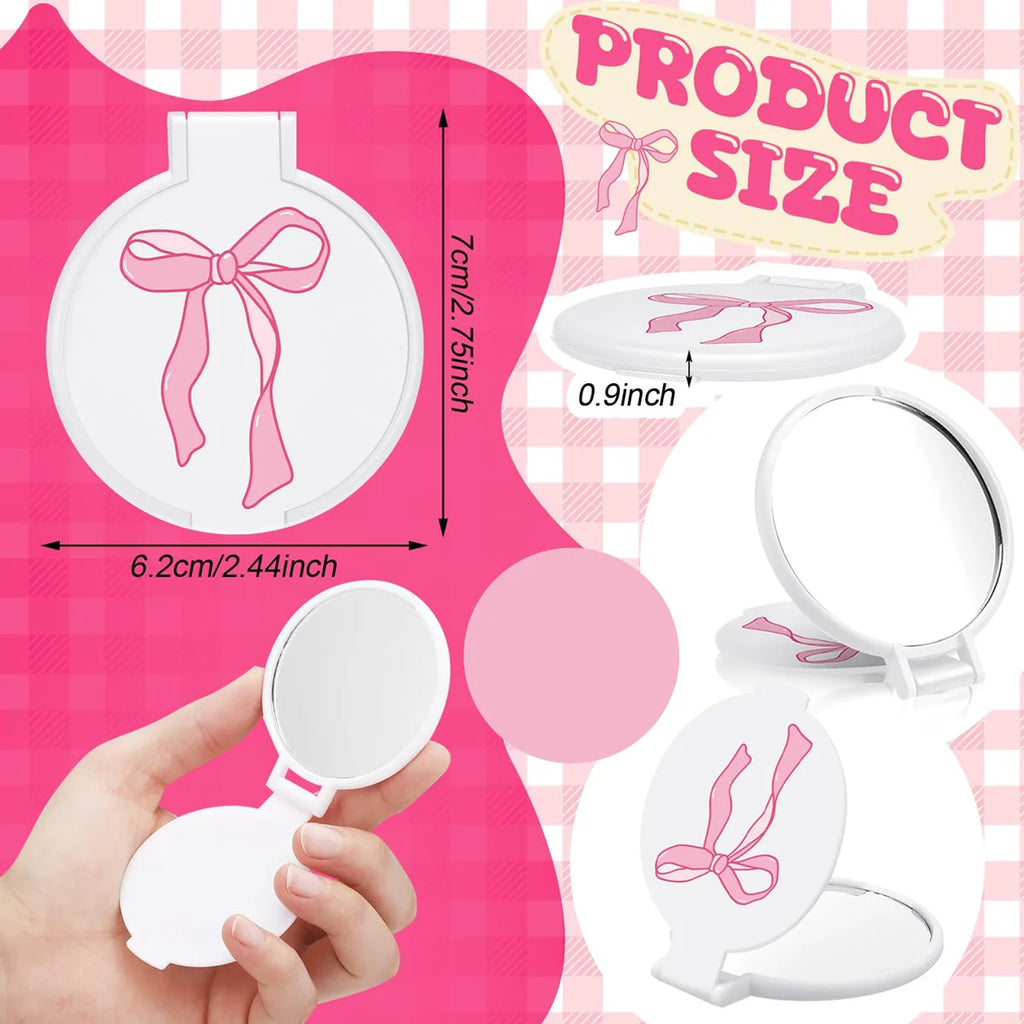 5 Sets Pink Bow Mini Pocket Mirror - Vanity Accessories For Women, Birthday Party Favors, Wedding Anniversary Bridal Shower Gift